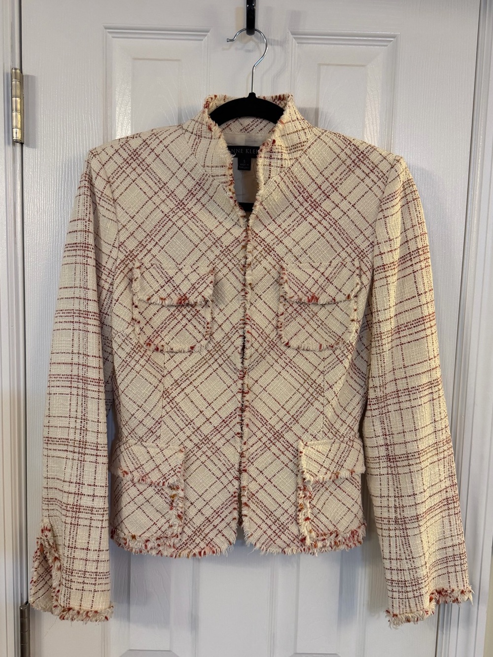 Anne Klein Plaid Tweed Fringe Blazer Jacket Cream Red Size 6